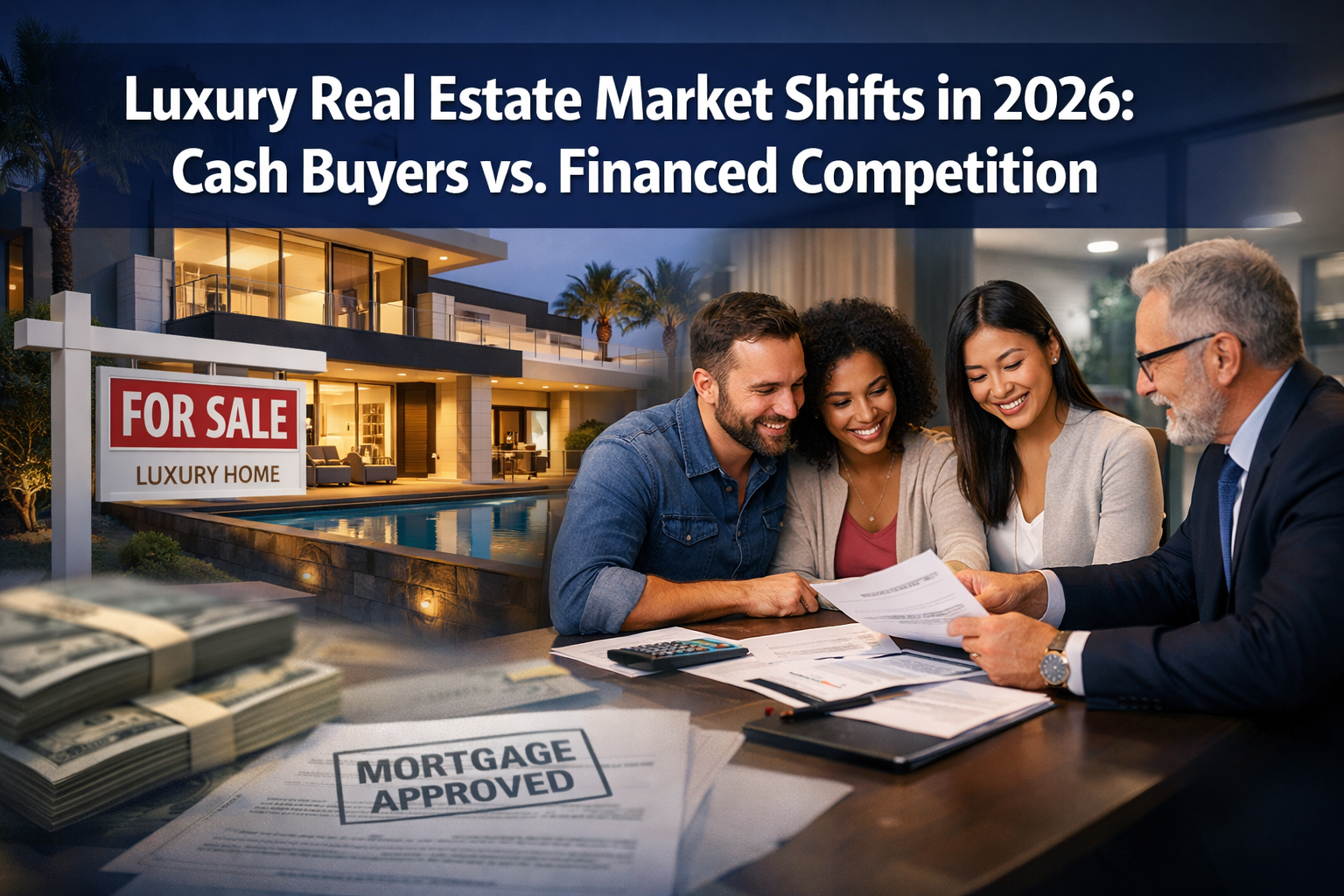 Professional landscape format (1536x1024) hero image featuring bold text overlay 'Luxury Real Estate Market Shifts in 2026: Cash Buyers vs.