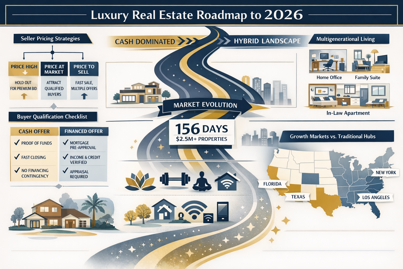 Landscape format (1536x1024) strategic roadmap infographic for luxury real estate professionals navigating 2026 market dynamics. Central pat